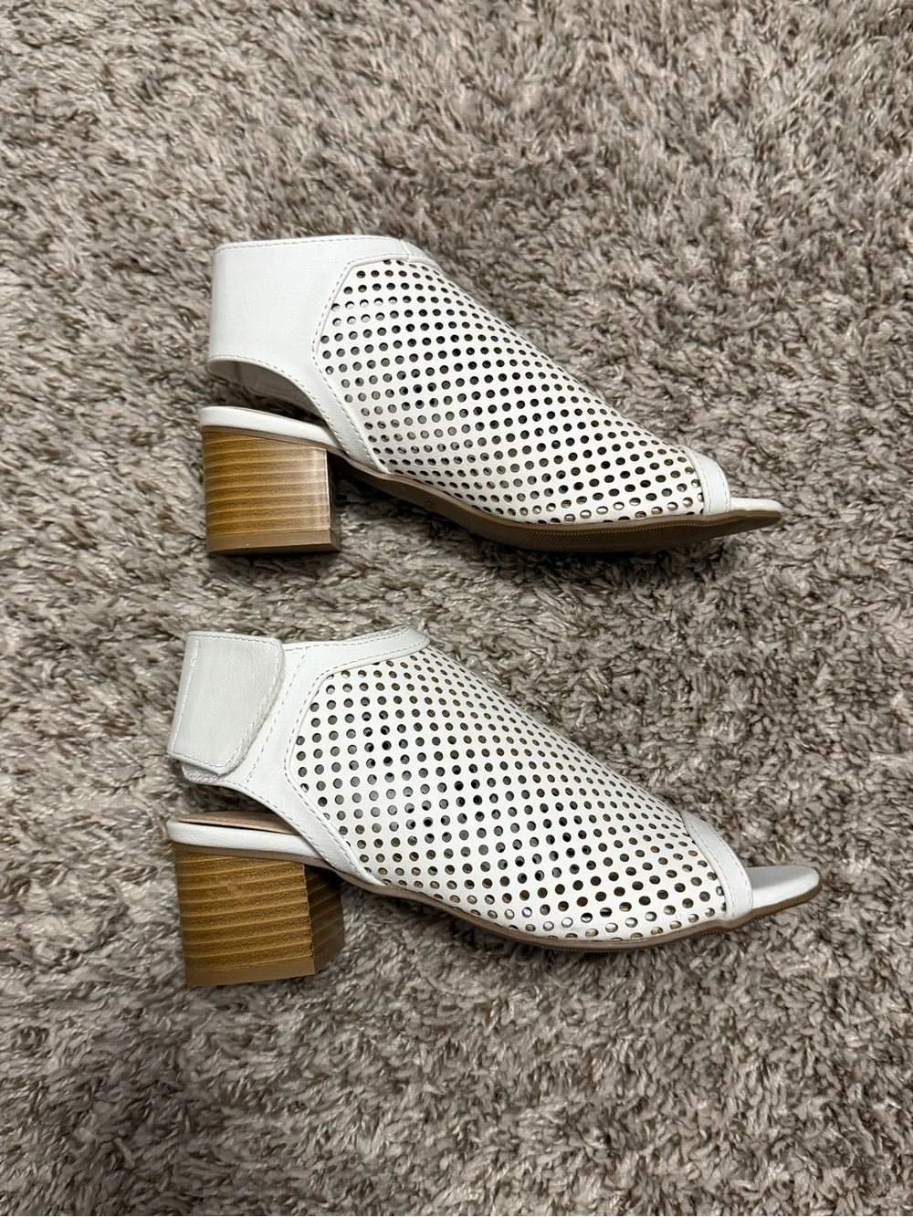 White Perforated Peep-Toe Block Heel Sandals for Women